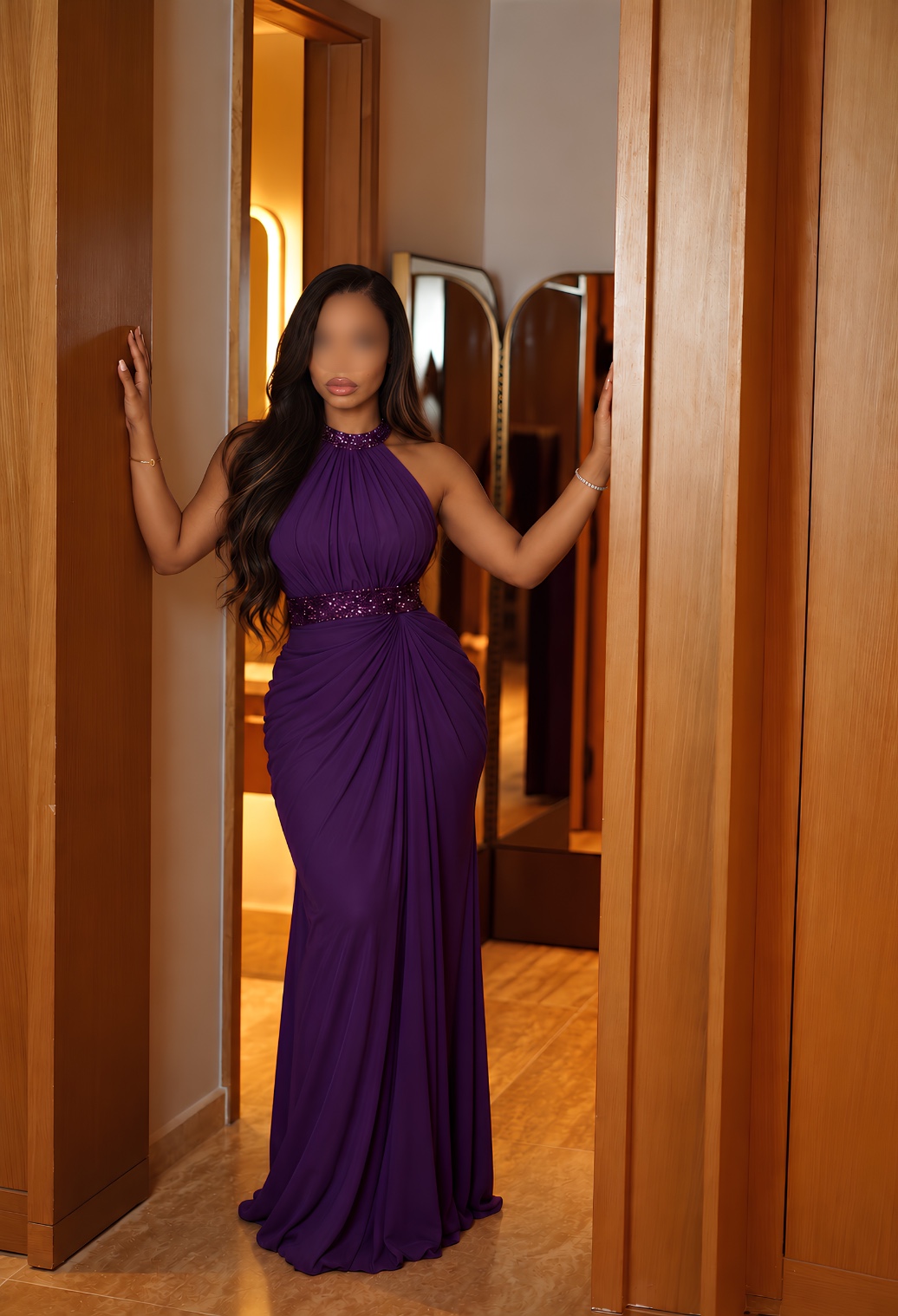Milani in a purple gown in a wooden doorway